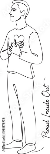 Minimalist One Line Drawing of a Proud Man with Heart on Chest, Conceptual Illustration of Self-Love and Emotional Well-being.