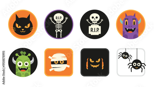 Eight colorful halloween circular icons featuring a black cat skeleton monster mummy spooky face and spiders.