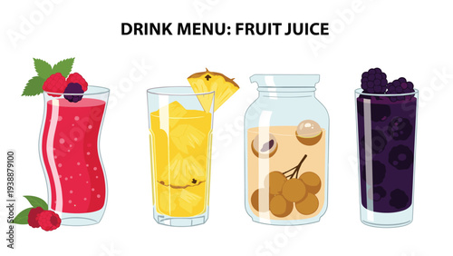 Drink menu display featuring variety of fruit juices and smoothies in different glassware with fresh fruit garnishes.