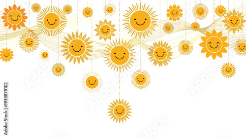 Festive background featuring multiple hanging decorations of various smiling yellow suns on a white wavy line background.