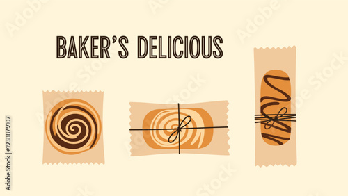 Selection of wrapped cinnamon rolls and pastries labeled as bakers delicious in a charming vintage illustration style.