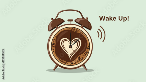 Creative illustration of an alarm clock merged with a cup of coffee featuring latte art and the text wake up.