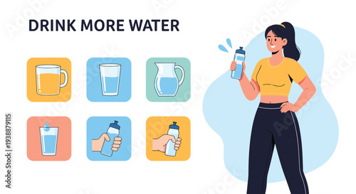 Infographic encouraging people to drink more water featuring a woman in fitness wear and various glass, jug, and bottle icons.