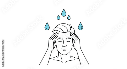 Outline drawing of a man massaging his head under falling water droplets to represent hair washing or a relaxing morning shower.
