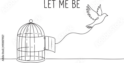 Minimalist Continuous Line Art of a Bird Escaping an Open Cage with Let Me Be Text, Symbolic of Freedom, Liberation, and Independence.