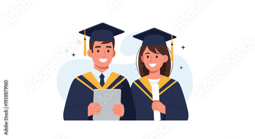 Happy male and female students celebrating their graduation while wearing academic caps and gowns and holding a tablet and a diploma.