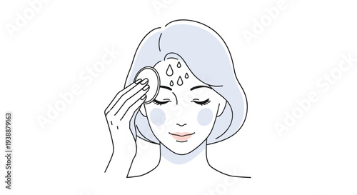 Line art illustration of a young woman cleaning her face with a cotton pad to remove makeup and maintain fresh and healthy skin.
