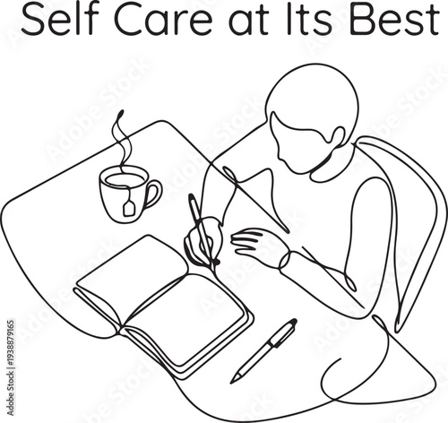 Minimalist Continuous Line Drawing of a Person Journaling with a Cup of Tea, Self Care at Its Best, Wellness and Mindfulness Illustration