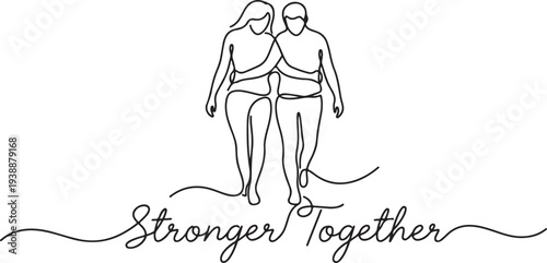 Continuous Line Drawing of a Man and Woman Walking Together with Stronger Together Text - Concept of Unity, Support, and Partnership.