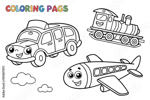 Vehicles Coloring Page for Kids - Car, Bus, Train, Airplane Transportation Line Art