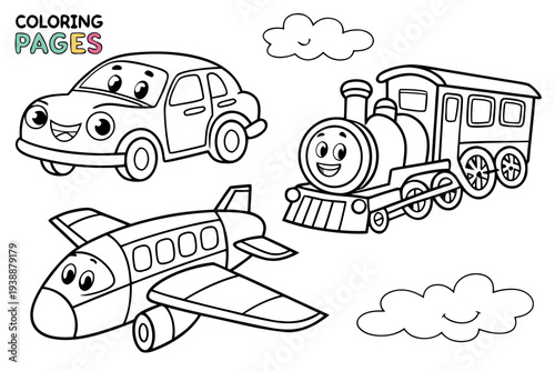 Vehicles Coloring Page for Kids - Car, Bus, Train, Airplane Transportation Line Art