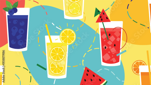Vibrant seamless pattern featuring diverse fruit cocktails, lemon slices, berries, and watermelon wedges with dashed paths.