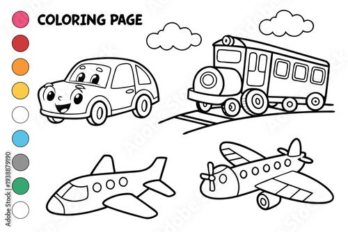 Vehicles Coloring Page for Kids - Car, Bus, Train, Airplane Transportation Line Art