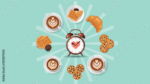 Breakfast time concept featuring an alarm clock at the center of a circle of coffee cups, waffles, cookies, and a croissant.