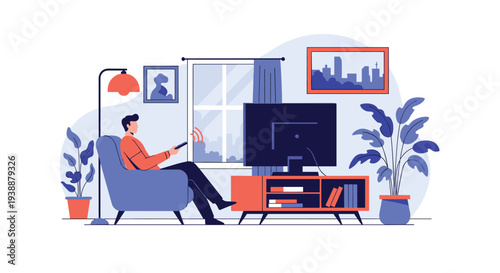 Man sitting in a blue armchair in a modern living room and using a remote control to watch entertainment programs on a television.