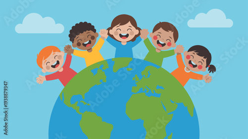 Diverse children hugging world globe