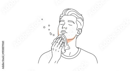Minimal outline illustration of a man drying his face with a soft towel after a morning wash or daily facial grooming routine.
