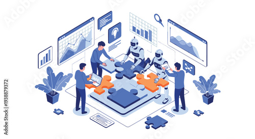 Isometric illustration of people and robots working collaboratively to assemble giant puzzle pieces as a powerful symbol of teamwork.