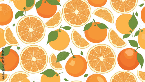 Bright and fresh seamless pattern of whole oranges, orange slices, and green leaves on a white background.