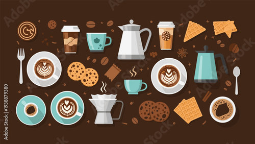 Comprehensive collection of coffee shop elements including various cups, brewing pots, beans, cookies, and waffles on brown.
