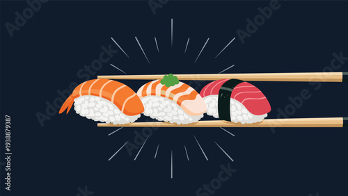 Three different types of nigiri sushi including shrimp and salmon held between wooden chopsticks with light rays.