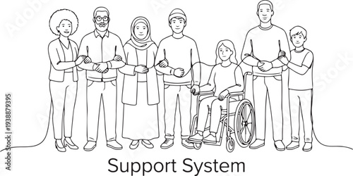 Diverse multi-generational group of people linked by a continuous line, symbolizing a support system, community, unity, and inclusion in a minimalist line art style