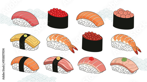 Assorted japanese sushi nigiri and gunkan pieces with tuna, salmon, shrimp, egg, and roe toppings on a white background with wave patterns.