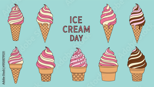Celebration of ice cream day featuring a variety of soft serve cones in different pink and brown swirls on a bright turquoise background.