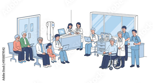 Busy hospital reception area with patients waiting on chairs and medical staff in blue scrubs and white coats working diligently.