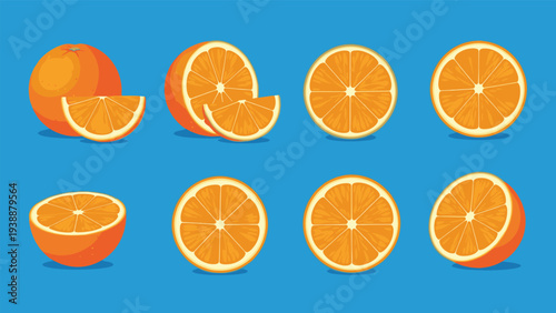 Set of fresh orange illustrations showing whole fruits, half slices, and wedges from different angles on a bright blue background.