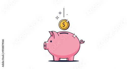 Simple and clean illustration of a gold dollar coin falling into a pink piggy bank to represent smart savings and financial planning.