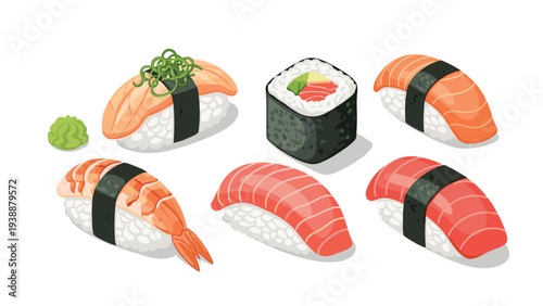 Delicious japanese sushi nigiri and maki rolls with salmon, tuna, and shrimp toppings served with a small dollop of green wasabi.