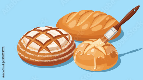 Freshly baked artisan bread loaves and buns being glazed with egg wash or butter using a wooden pastry brush on a blue background.