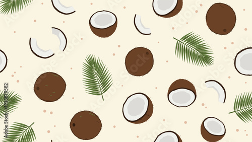 Tropical seamless pattern featuring whole and halved coconuts with green palm leaves and small dots on a light cream background.