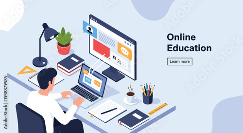 Isometric illustration of a student studying at a desk with a laptop, secondary monitor, and books for remote online education.