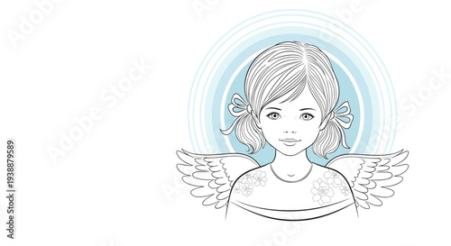 Delicate line art drawing of a young girl with pigtails and angel wings on a blue circular background with decorative flower patterns.