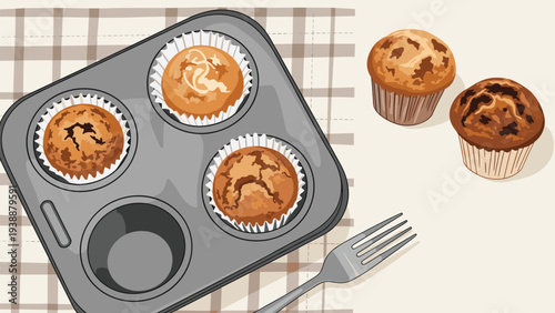 Freshly baked chocolate chip muffins in a metal baking tray and loose ones on the table with a fork and checkered cloth.