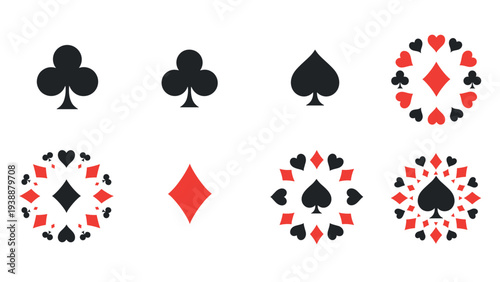 Graphic patterns and icons of playing card suits including clubs, diamonds, spades, and hearts in black and red colors.