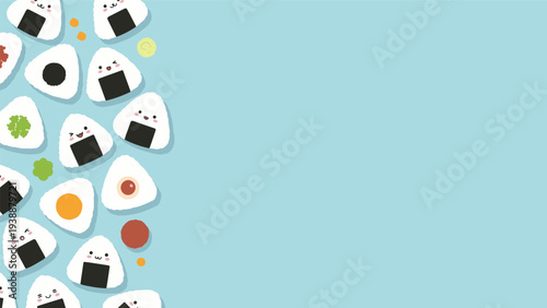 Playful border of cute onigiri rice ball characters with different facial expressions and fillings on a soft blue background.