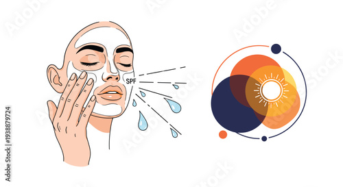 Woman applying SPF facial cream to protect her skin from harmful UV rays with a symbolic sun icon in the background.