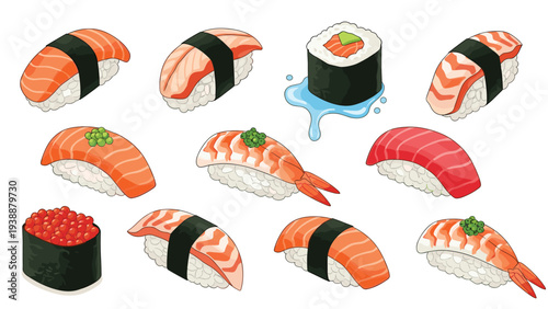 Collection of different sushi nigiri and rolls featuring salmon, tuna, shrimp, and roe served on a clean white background.