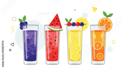 Four colorful tall glasses of fresh fruit juices including blueberry, watermelon, lemon, and orange with garnishes.