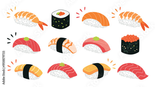 Dynamic set of various sushi nigiri and maki rolls with salmon, tuna, shrimp, and roe toppings with accent lines.