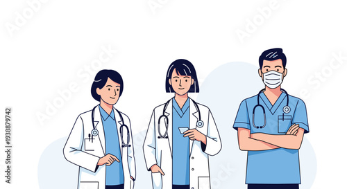 Diverse medical staff including female doctors in white coats and a male nurse in blue scrubs standing together.