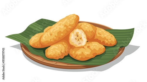 Plate of traditional fried bananas or pisang goreng served on a green banana leaf on a wooden plate in asian style.