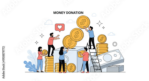 Group of diverse people working together to donate large gold coins and stacks of cash into a charity donation box.