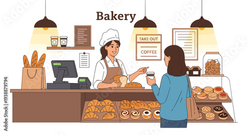 Friendly baker serving a customer fresh bread and coffee at a cozy bakery counter filled with assorted pastries.