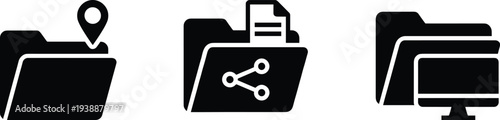Black and white folder icons collection featuring location pin, shared document, and computer monitor symbols for digital organization, data management, and system file projects