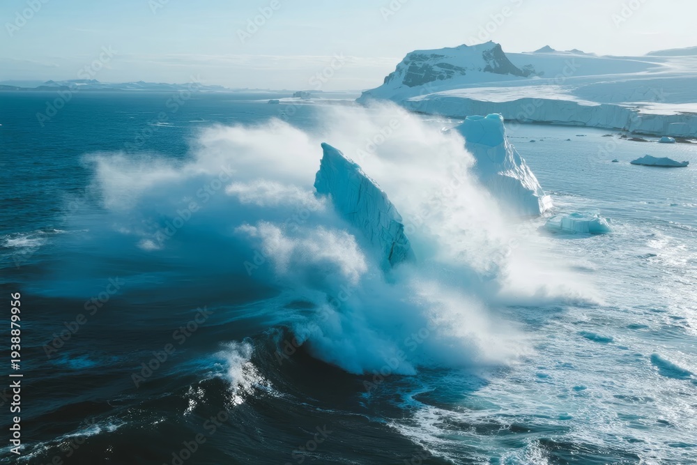 Naklejka premium Iceberg calving in polar ocean with dramatic splash and surrounding ice formations