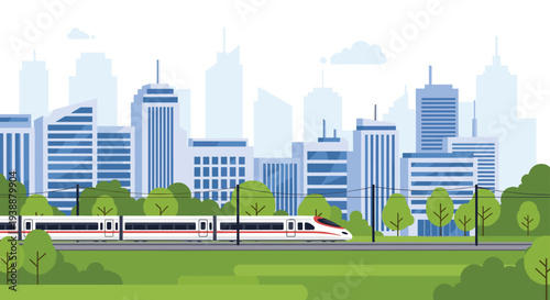 Modern high-speed passenger train traveling through a green landscape with a large city skyline in the background.